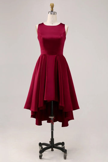 Burgundy A-Line High-Low Ruched Satin Midi Dress